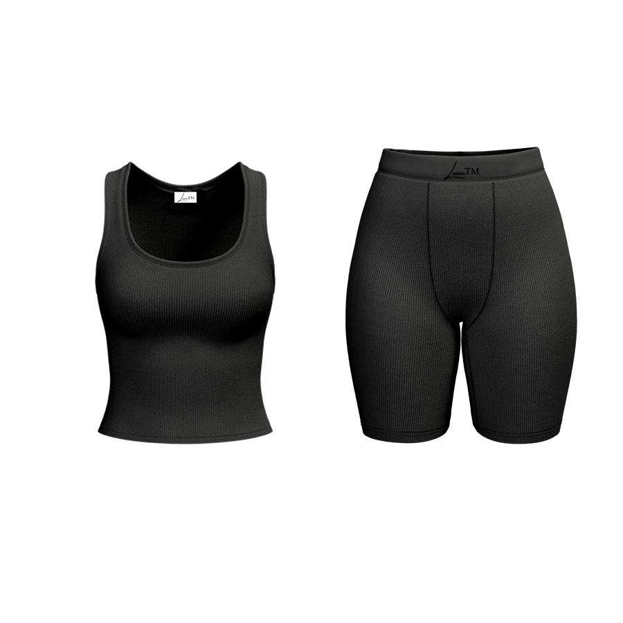 Ribbed Biker Short Set - Black